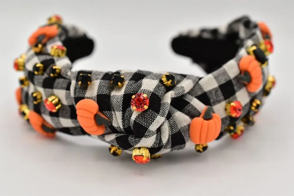 Halloween Pumpkin Rhinestone Crystal Headband Black White Checkered Fall Autumn
